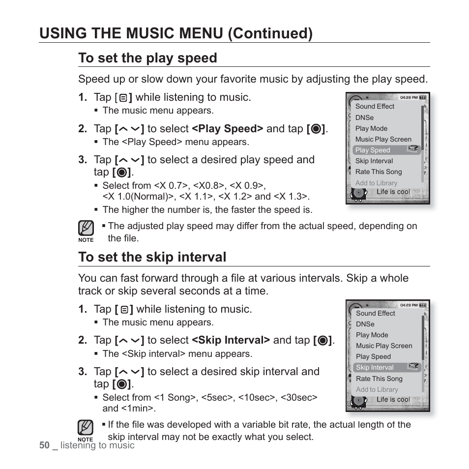 Using the music menu (continued) | Samsung YP-T10JAUY-XAA User Manual | Page 50 / 107