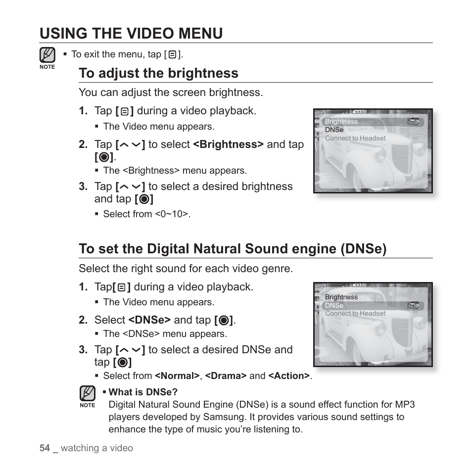 Using the video menu | Samsung YP-T10JAUY-XAA User Manual | Page 54 / 107