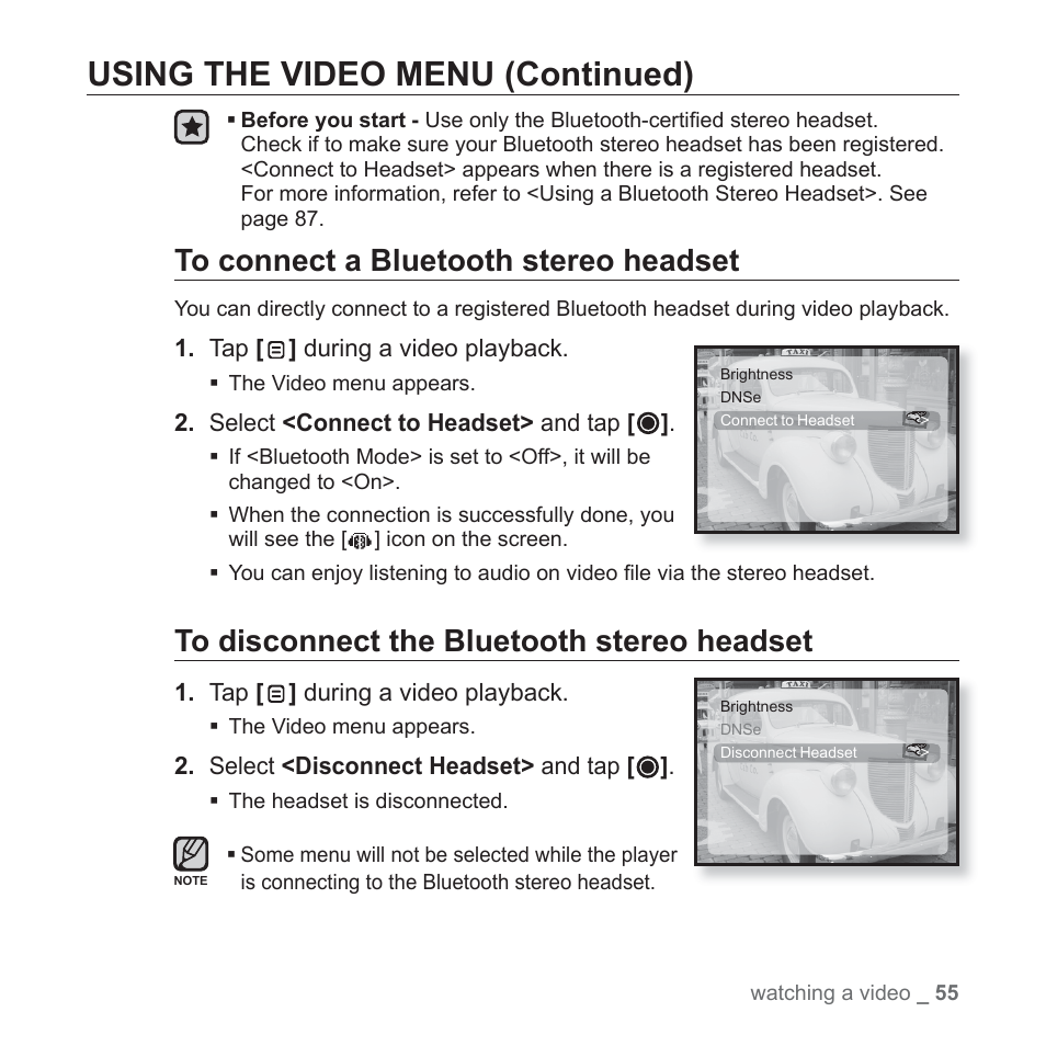 Using the video menu (continued) | Samsung YP-T10JAUY-XAA User Manual | Page 55 / 107