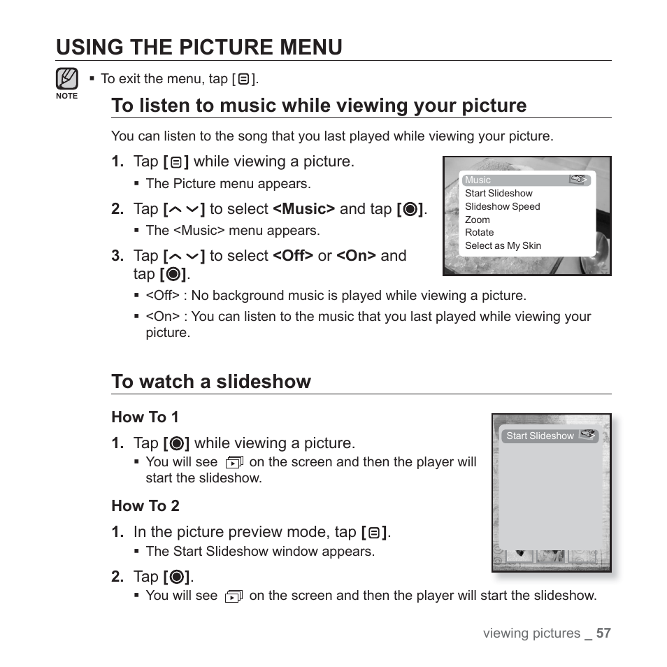 Using the picture menu | Samsung YP-T10JAUY-XAA User Manual | Page 57 / 107