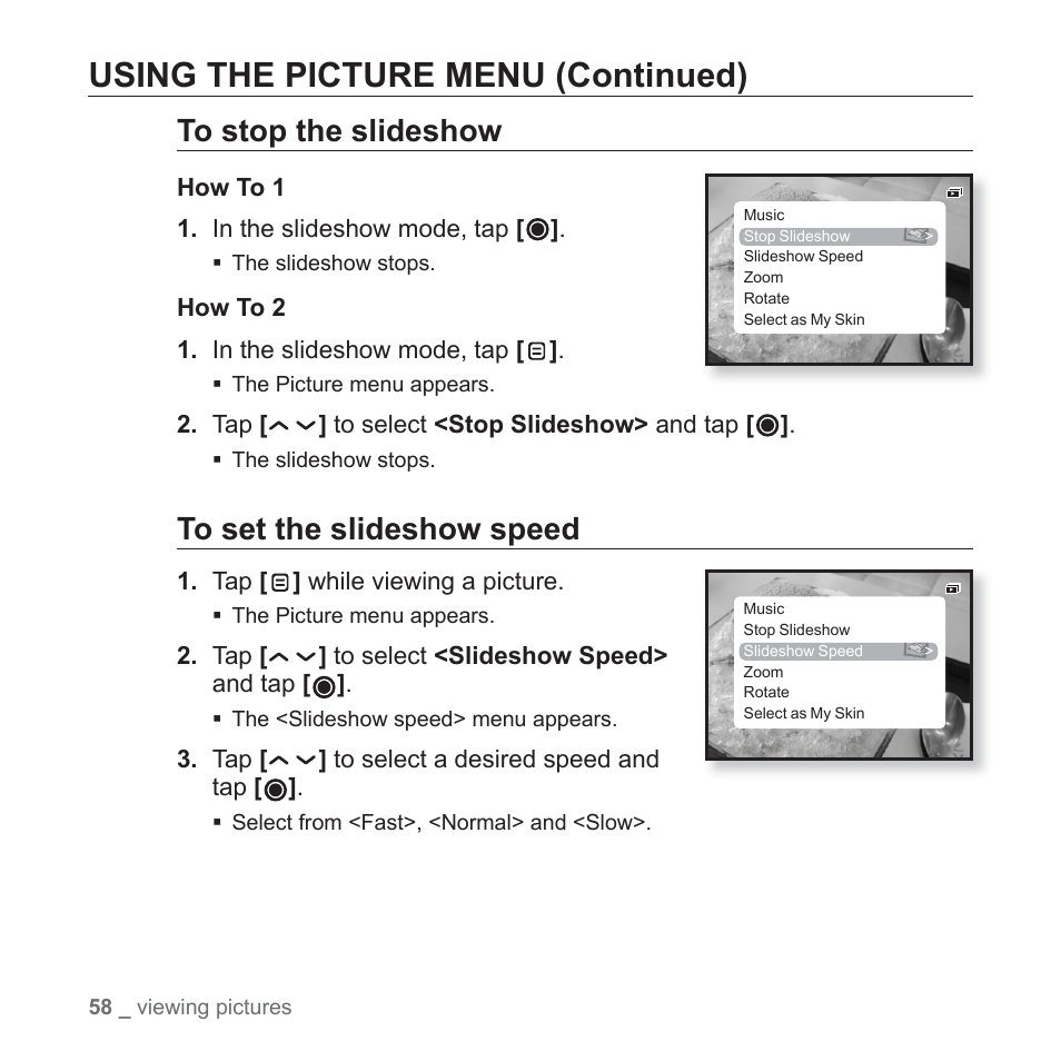 Using the picture menu (continued) | Samsung YP-T10JAUY-XAA User Manual | Page 58 / 107