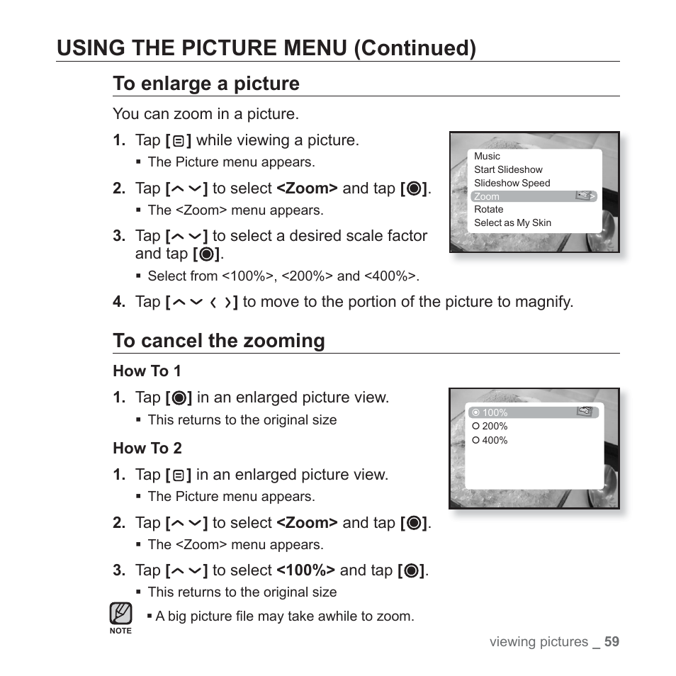 Using the picture menu (continued) | Samsung YP-T10JAUY-XAA User Manual | Page 59 / 107