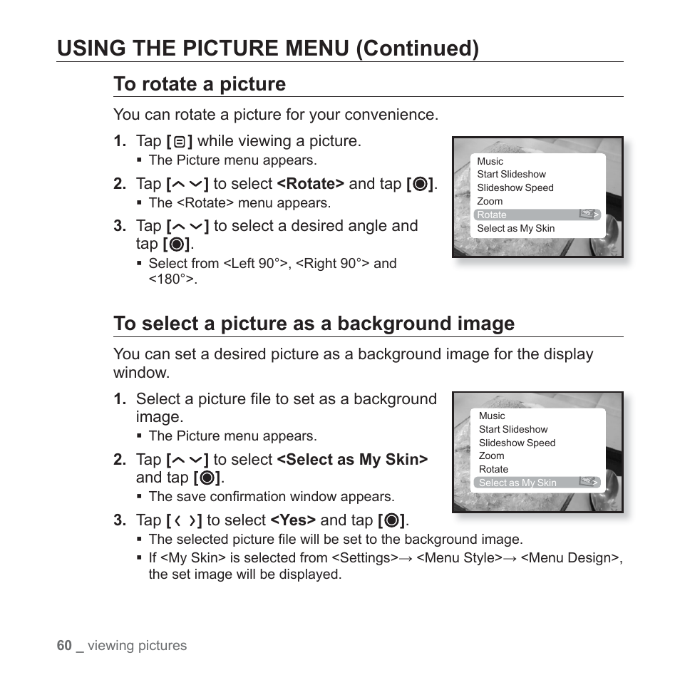 Using the picture menu (continued) | Samsung YP-T10JAUY-XAA User Manual | Page 60 / 107