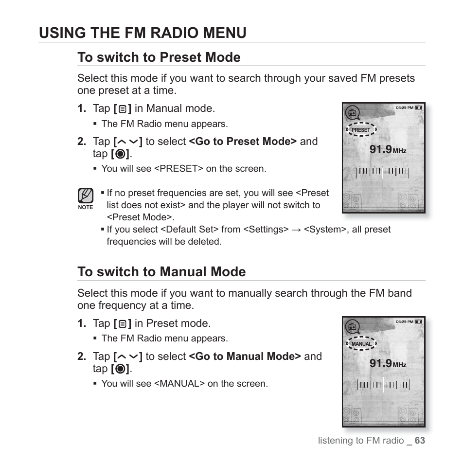 Using the fm radio menu | Samsung YP-T10JAUY-XAA User Manual | Page 63 / 107