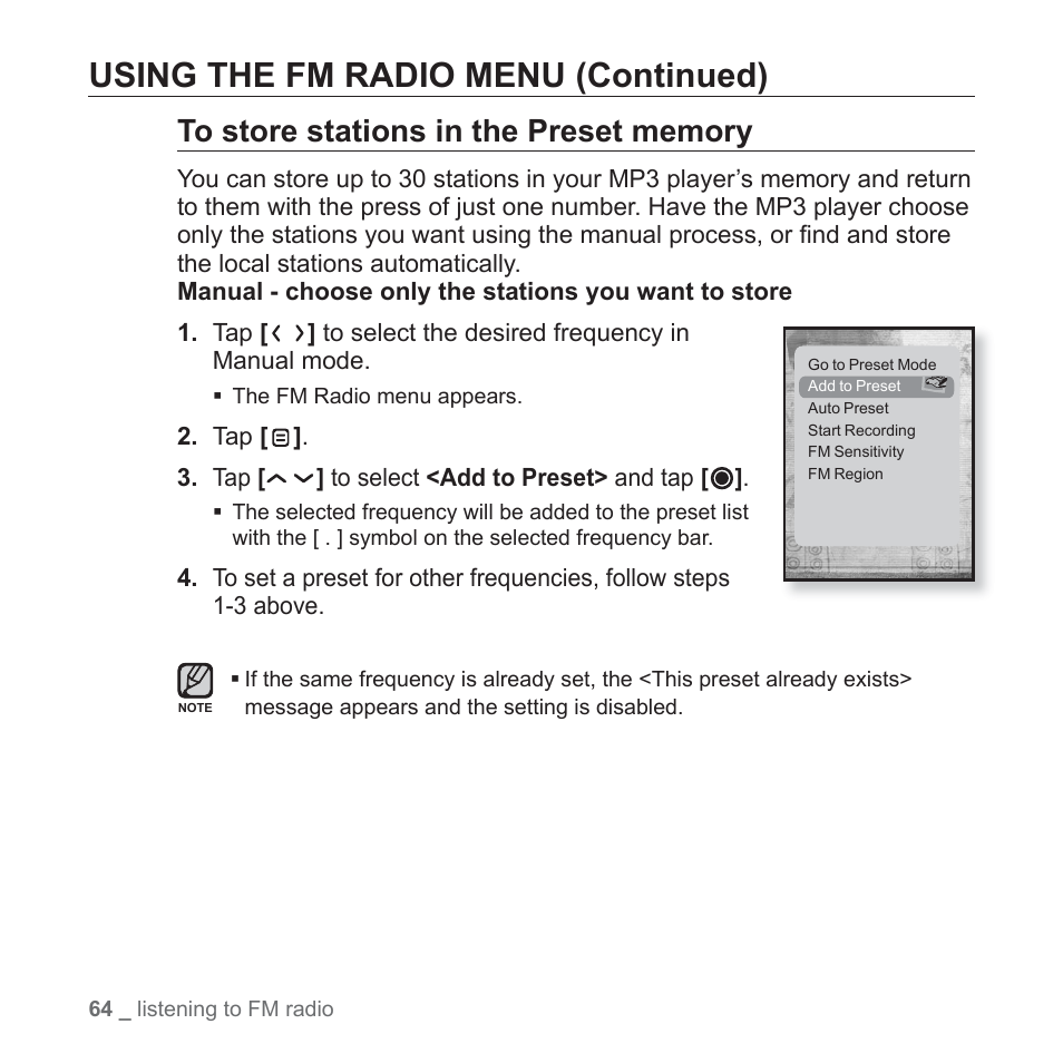 Using the fm radio menu (continued) | Samsung YP-T10JAUY-XAA User Manual | Page 64 / 107