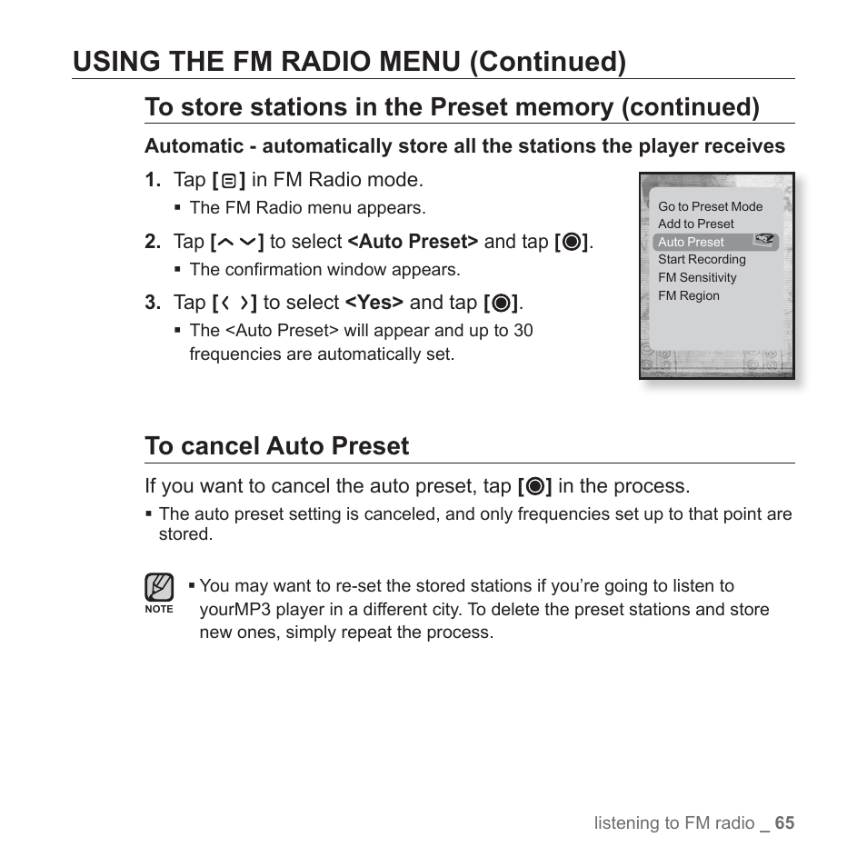 Using the fm radio menu (continued) | Samsung YP-T10JAUY-XAA User Manual | Page 65 / 107