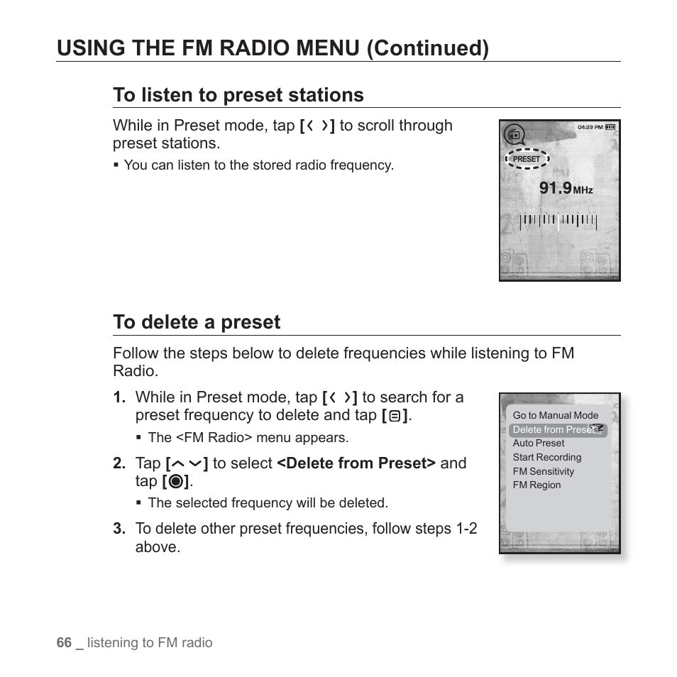 Using the fm radio menu (continued) | Samsung YP-T10JAUY-XAA User Manual | Page 66 / 107