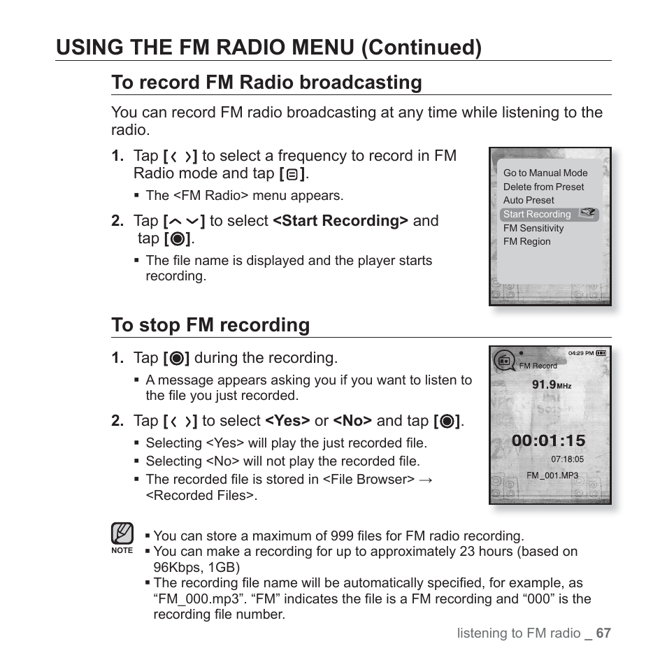 Using the fm radio menu (continued) | Samsung YP-T10JAUY-XAA User Manual | Page 67 / 107