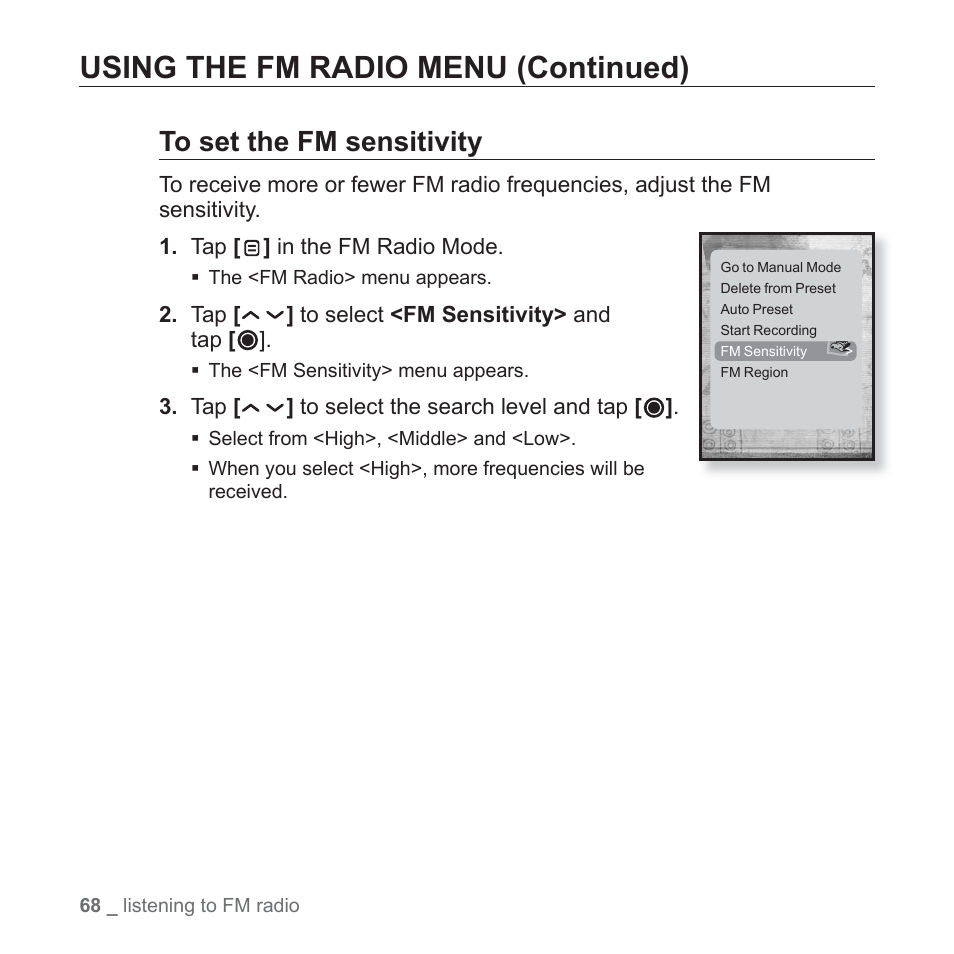 Using the fm radio menu (continued) | Samsung YP-T10JAUY-XAA User Manual | Page 68 / 107
