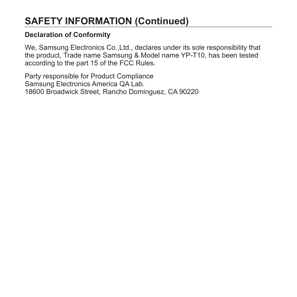 Safety information (continued) | Samsung YP-T10JAUY-XAA User Manual | Page 7 / 107