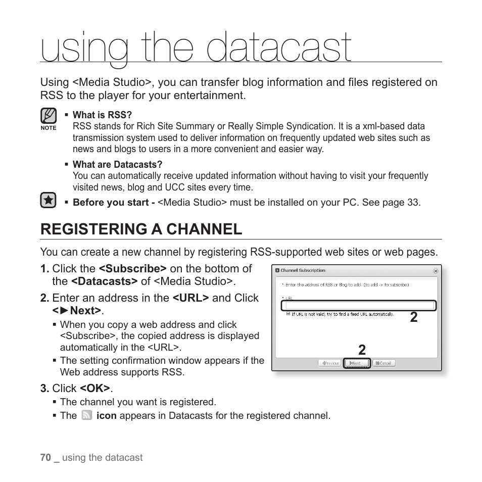 Using the datacast, Registering a channel | Samsung YP-T10JAUY-XAA User Manual | Page 70 / 107