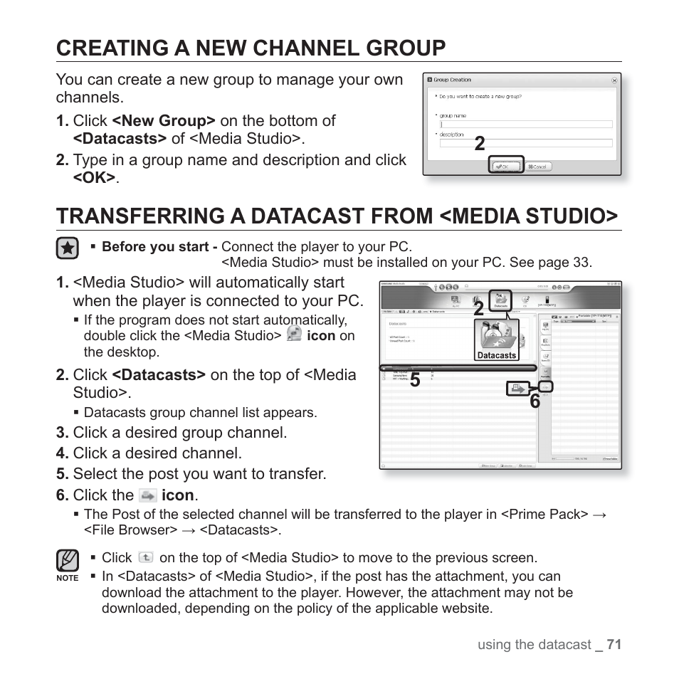 Creating a new channel group, Transferring a datacast from <media studio | Samsung YP-T10JAUY-XAA User Manual | Page 71 / 107