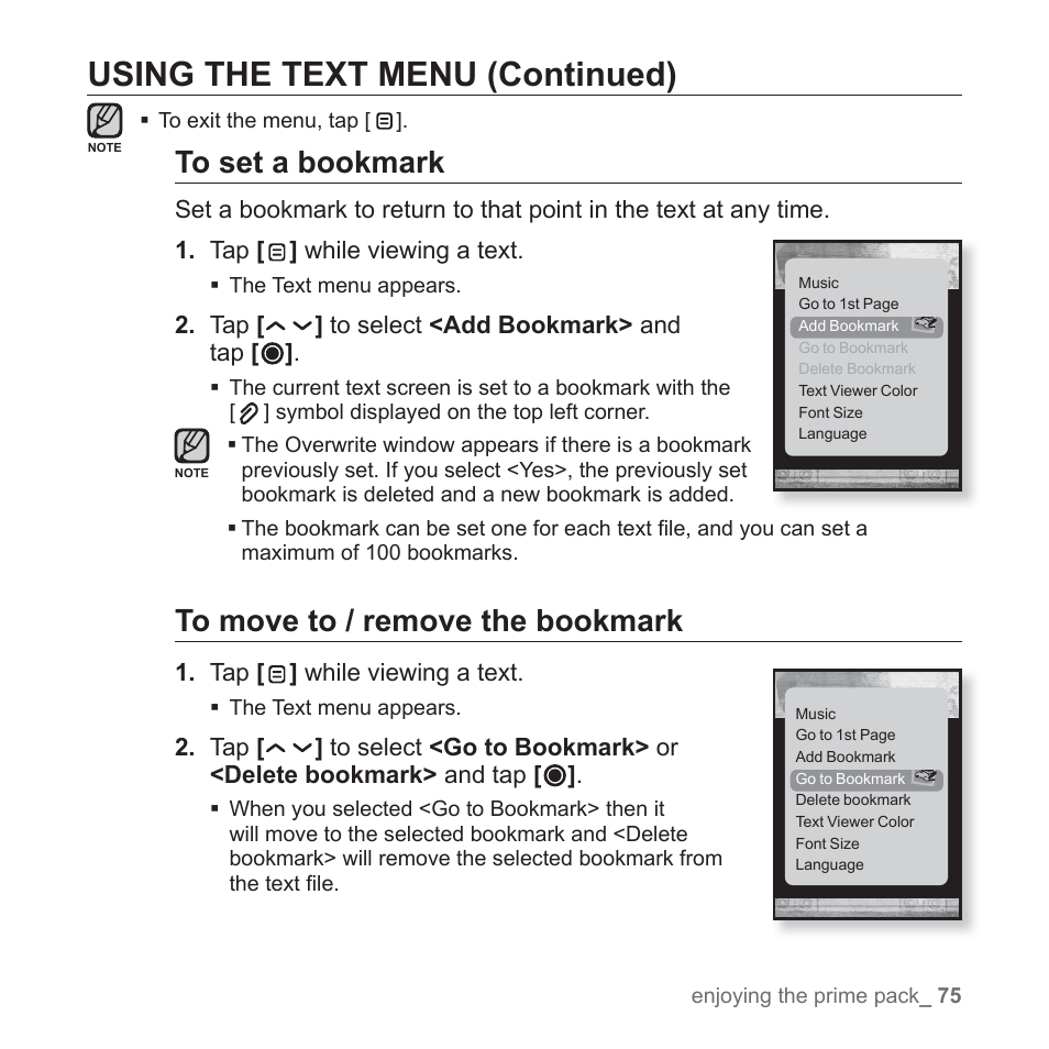 Using the text menu (continued) | Samsung YP-T10JAUY-XAA User Manual | Page 75 / 107