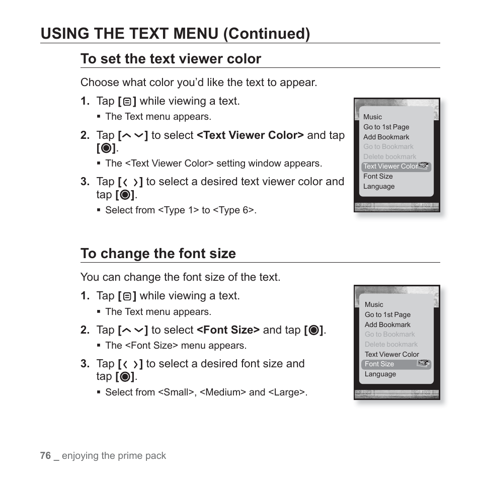 Using the text menu (continued) | Samsung YP-T10JAUY-XAA User Manual | Page 76 / 107