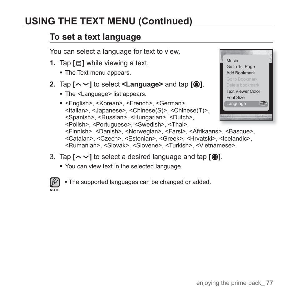 Using the text menu (continued) | Samsung YP-T10JAUY-XAA User Manual | Page 77 / 107