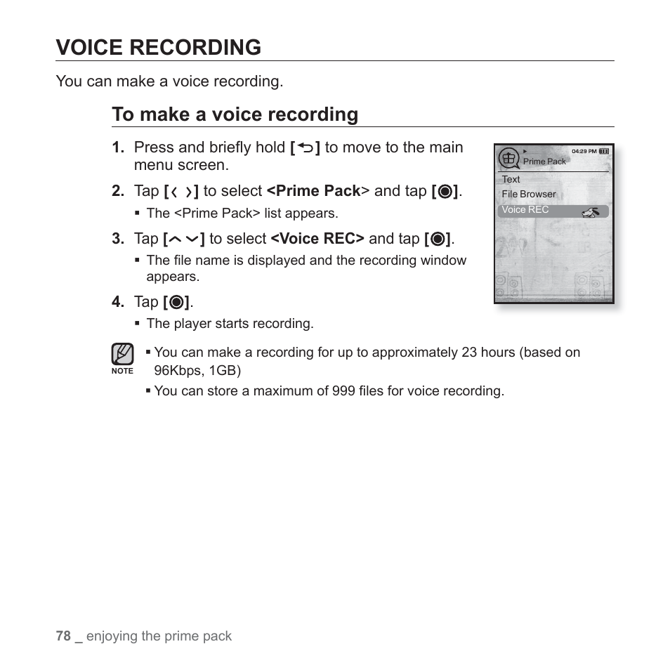 Voice recording | Samsung YP-T10JAUY-XAA User Manual | Page 78 / 107