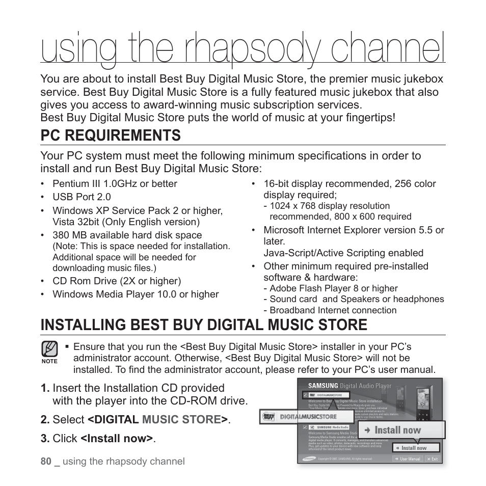 Using the rhapsody channel, Pc requirements, Installing best buy digital music store | Samsung YP-T10JAUY-XAA User Manual | Page 80 / 107