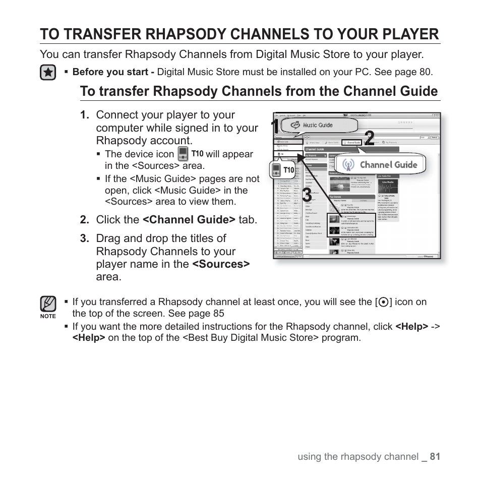 To transfer rhapsody channels to your player | Samsung YP-T10JAUY-XAA User Manual | Page 81 / 107