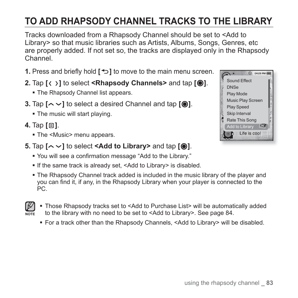 To add rhapsody channel tracks to the library | Samsung YP-T10JAUY-XAA User Manual | Page 83 / 107