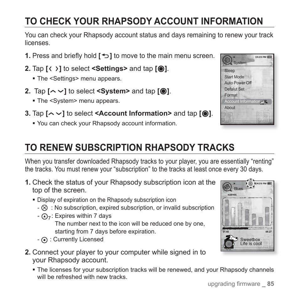 To check your rhapsody account information, To renew subscription rhapsody tracks | Samsung YP-T10JAUY-XAA User Manual | Page 85 / 107