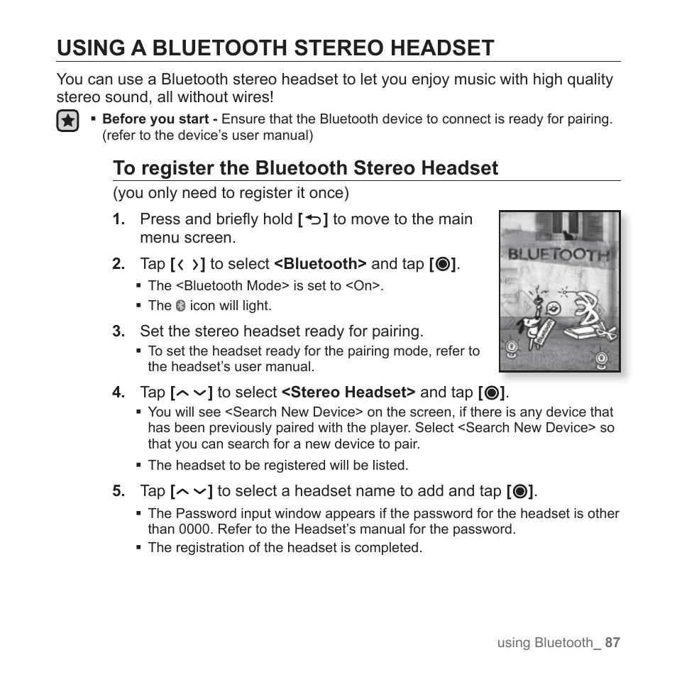 Using a bluetooth stereo headset | Samsung YP-T10JAUY-XAA User Manual | Page 87 / 107