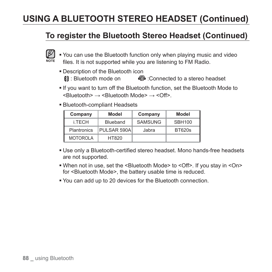 Using a bluetooth stereo headset (continued) | Samsung YP-T10JAUY-XAA User Manual | Page 88 / 107