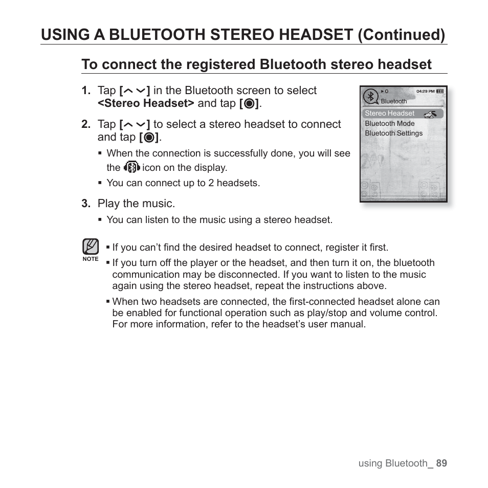 Using a bluetooth stereo headset (continued) | Samsung YP-T10JAUY-XAA User Manual | Page 89 / 107