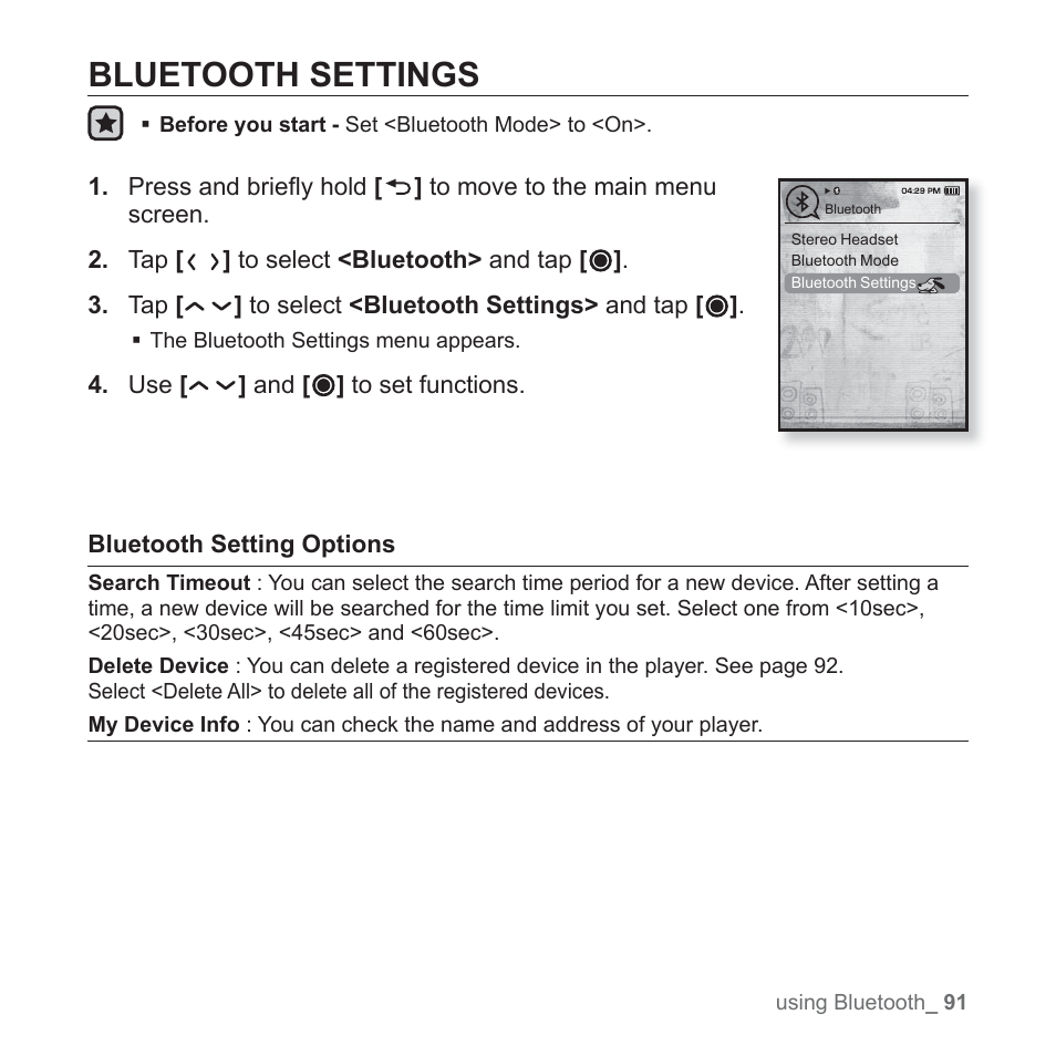 Bluetooth settings | Samsung YP-T10JAUY-XAA User Manual | Page 91 / 107