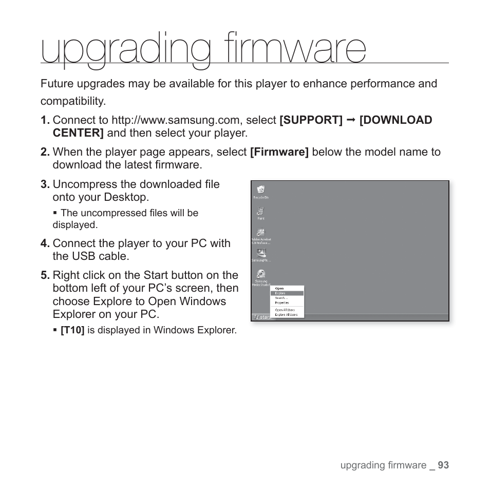 Upgrading firmware, Upgrading ﬁ rmware | Samsung YP-T10JAUY-XAA User Manual | Page 93 / 107