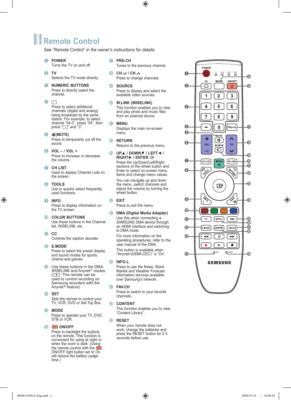 Remote control | Samsung LN52A860S2FXZA User Manual | Page 2 / 12