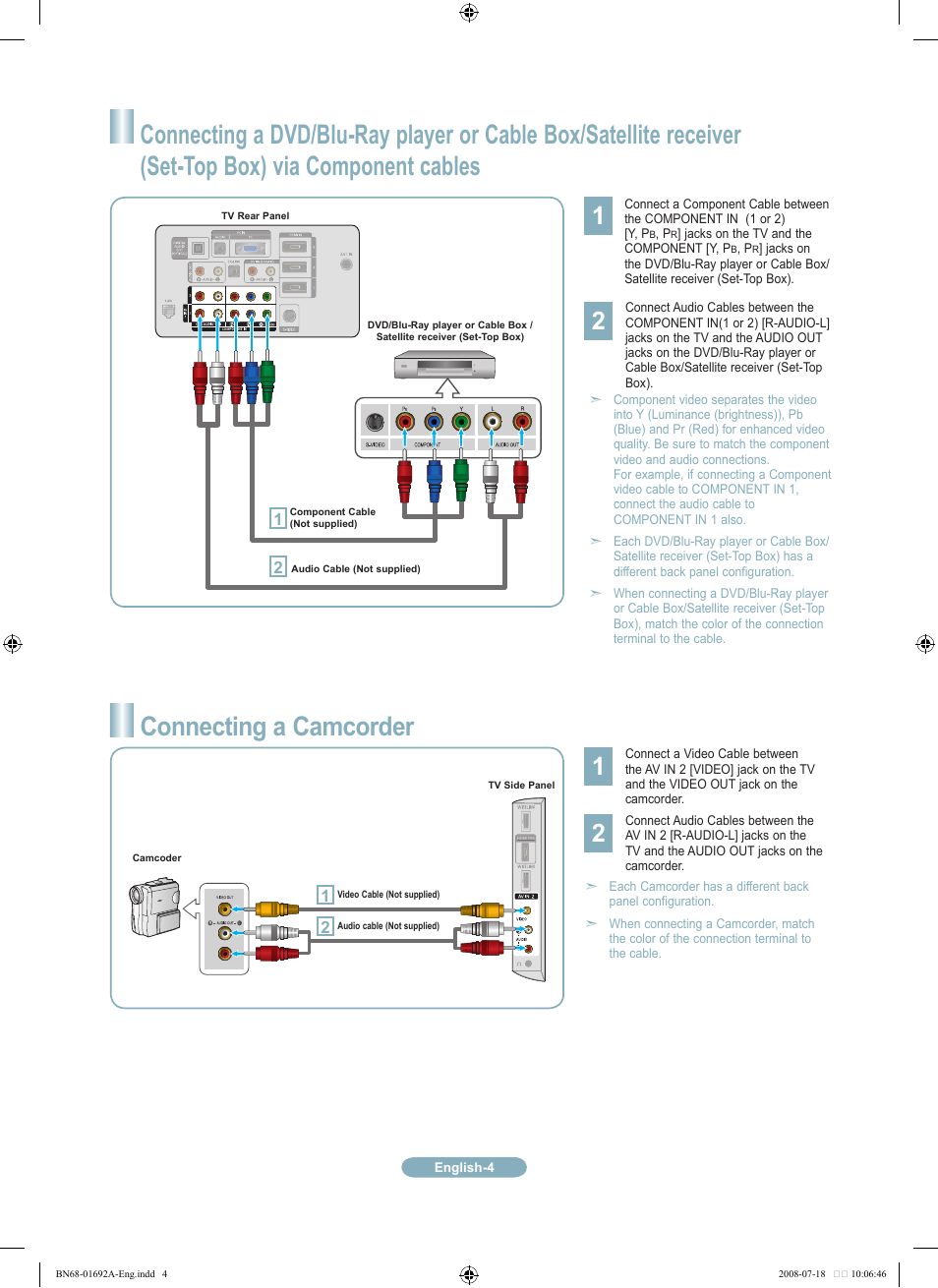 Connecting a camcorder | Samsung LN52A860S2FXZA User Manual | Page 4 / 12