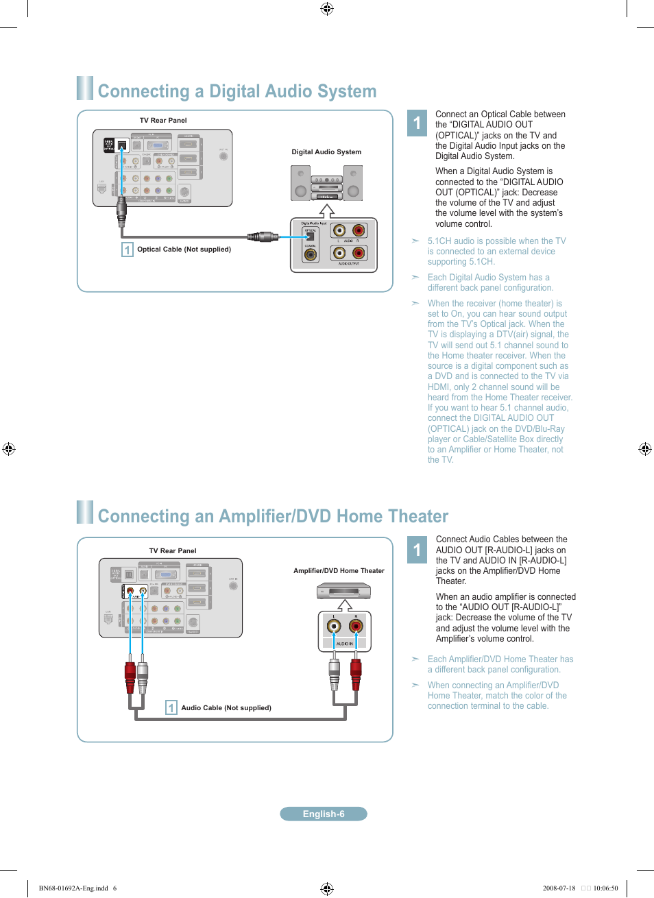 Connecting a digital audio system, Connecting an amplifier/dvd home theater | Samsung LN52A860S2FXZA User Manual | Page 6 / 12