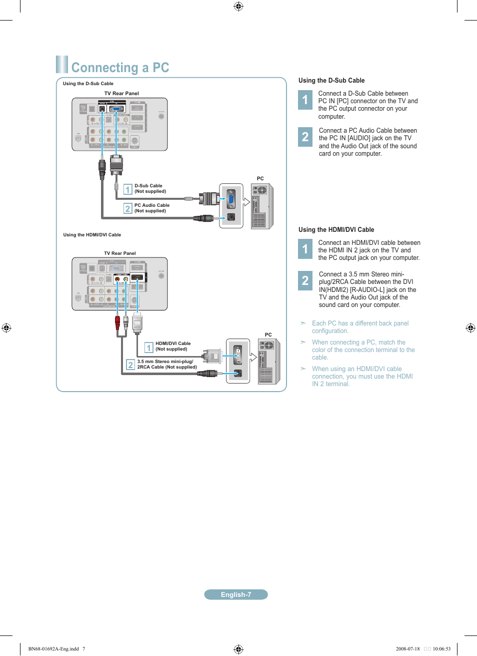 Connecting a pc | Samsung LN52A860S2FXZA User Manual | Page 7 / 12