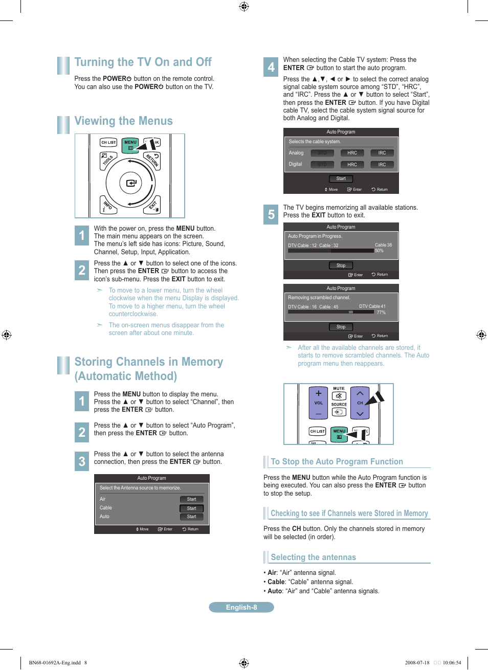 Turning the tv on and off, Viewing the menus, Selecting the antennas | Samsung LN52A860S2FXZA User Manual | Page 8 / 12
