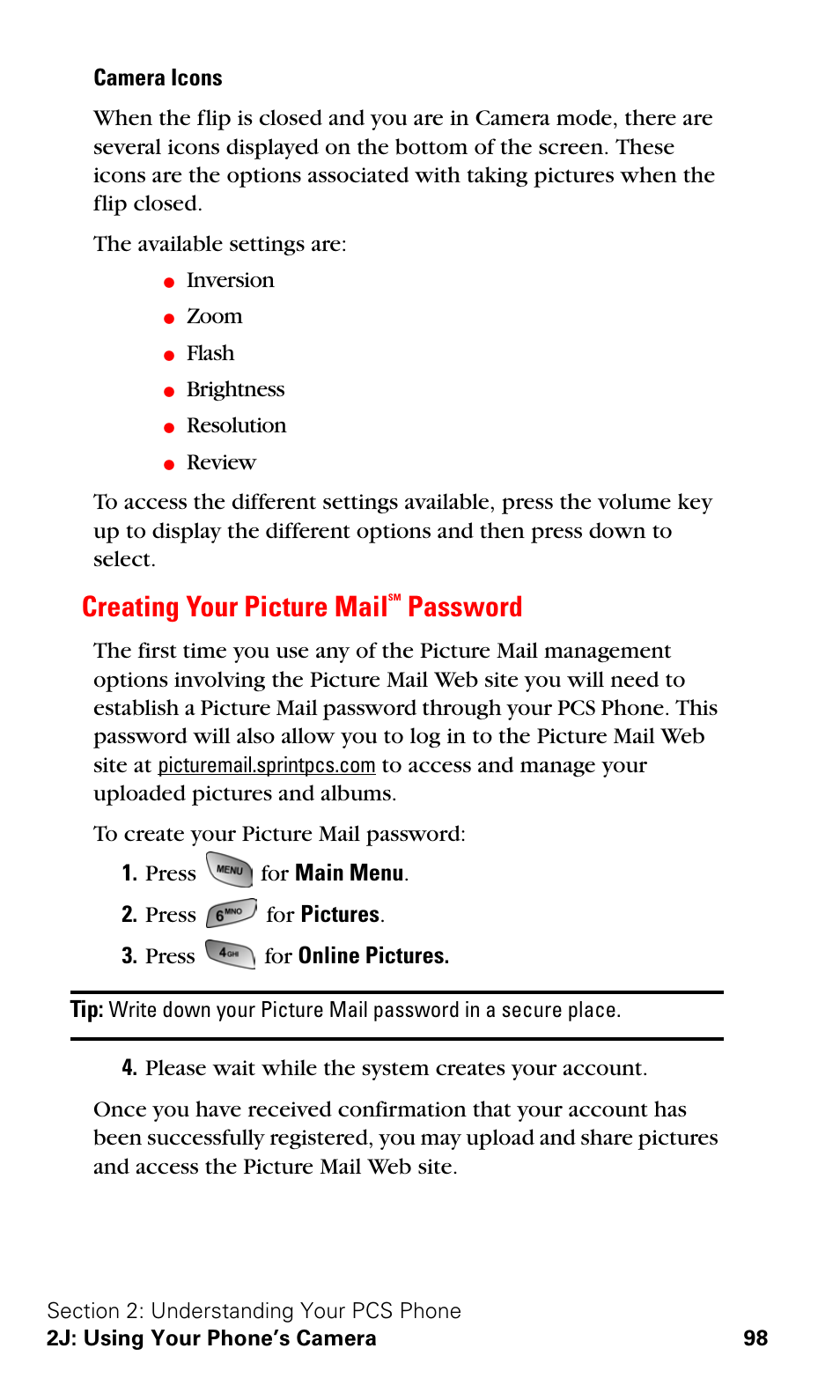 Creating your picture mailsm password, Creating your picture mail, Password | Samsung SPH-A600ZSSXAR User Manual | Page 106 / 178