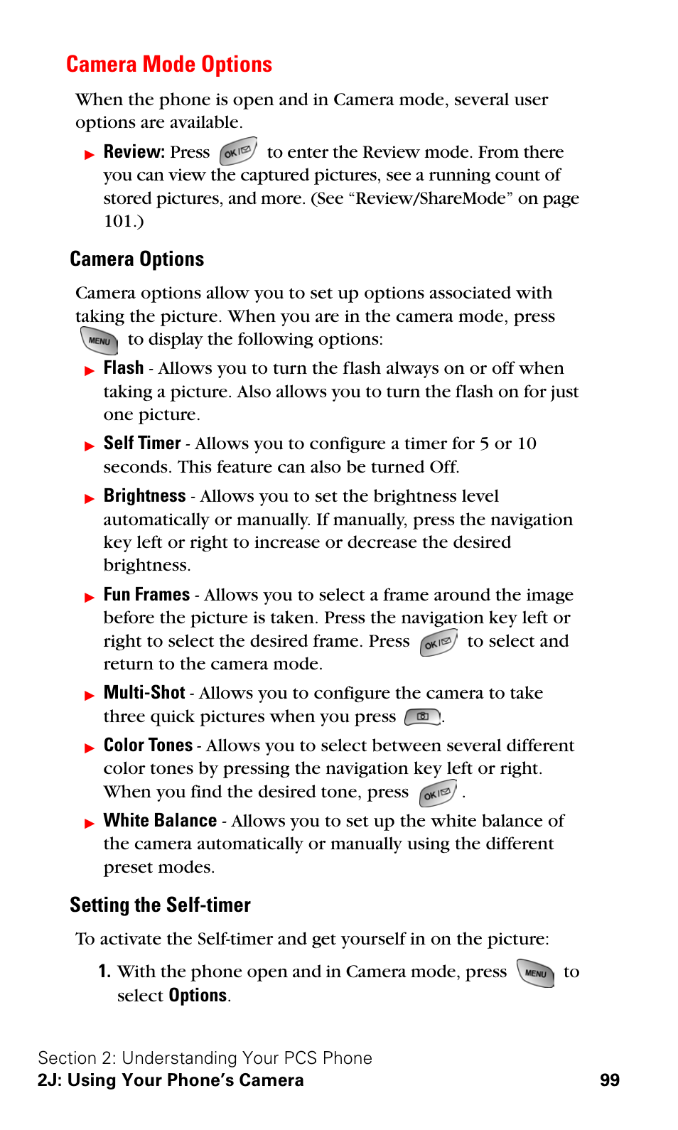 Camera mode options, Camera options, Setting the self-timer | Samsung SPH-A600ZSSXAR User Manual | Page 107 / 178