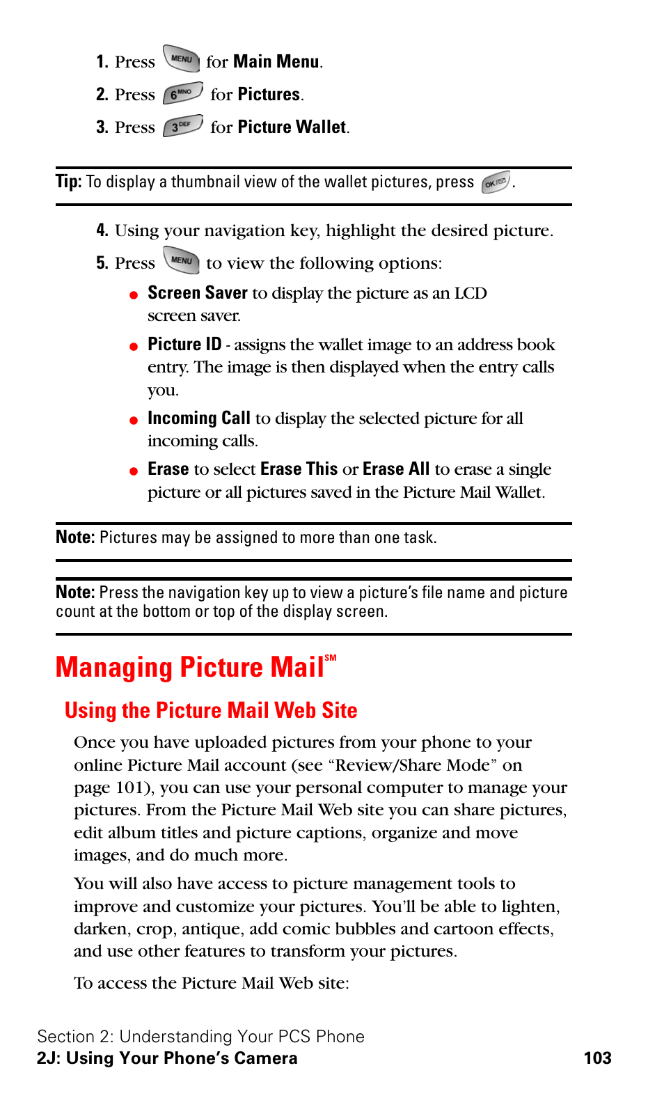 Managing picture mailsm, Using the picture mail web site, Managing picture mail | Samsung SPH-A600ZSSXAR User Manual | Page 111 / 178