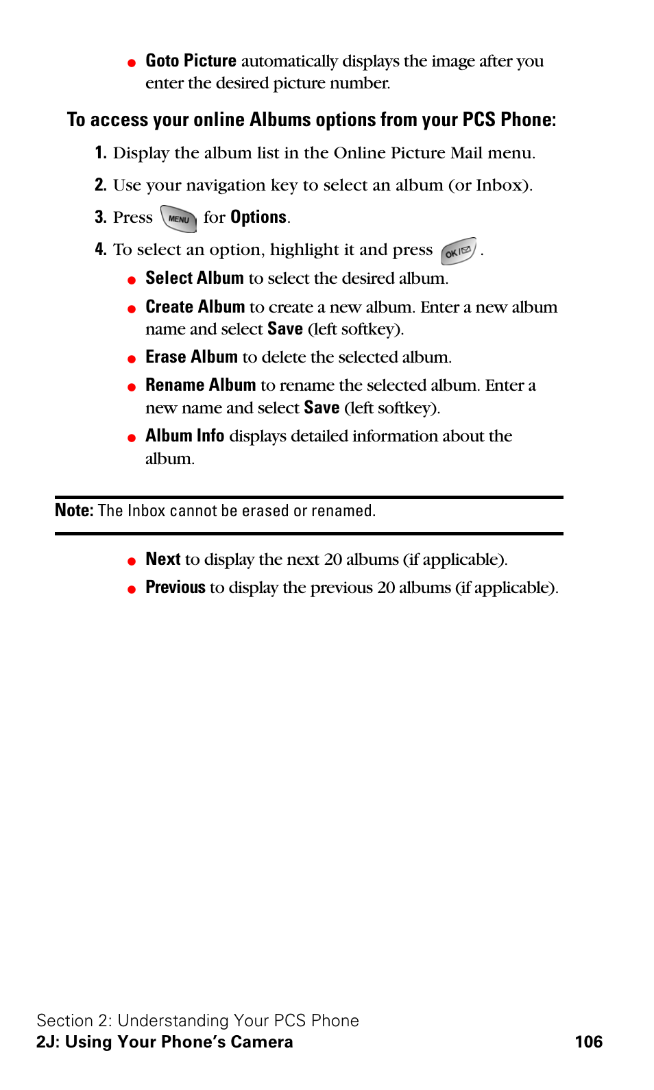 Select album to select the desired album, Erase album to delete the selected album, Next to display the next 20 albums (if applicable) | Samsung SPH-A600ZSSXAR User Manual | Page 114 / 178