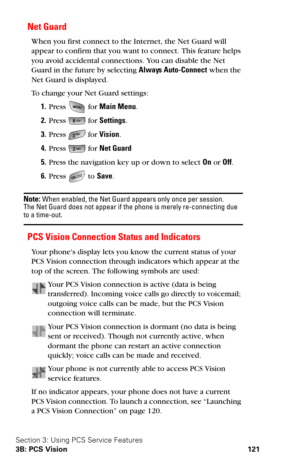 Net guard, Pcs vision connection status and indicators | Samsung SPH-A600ZSSXAR User Manual | Page 129 / 178