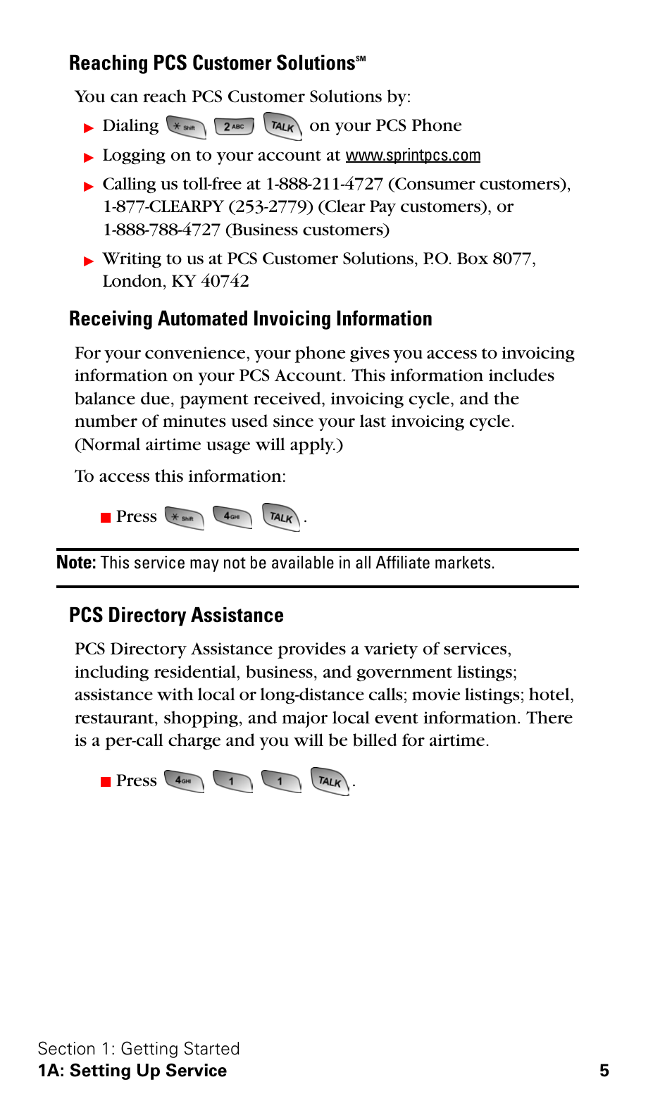 Reaching pcs customer solutions, Receiving automated invoicing information, Pcs directory assistance | Samsung SPH-A600ZSSXAR User Manual | Page 13 / 178