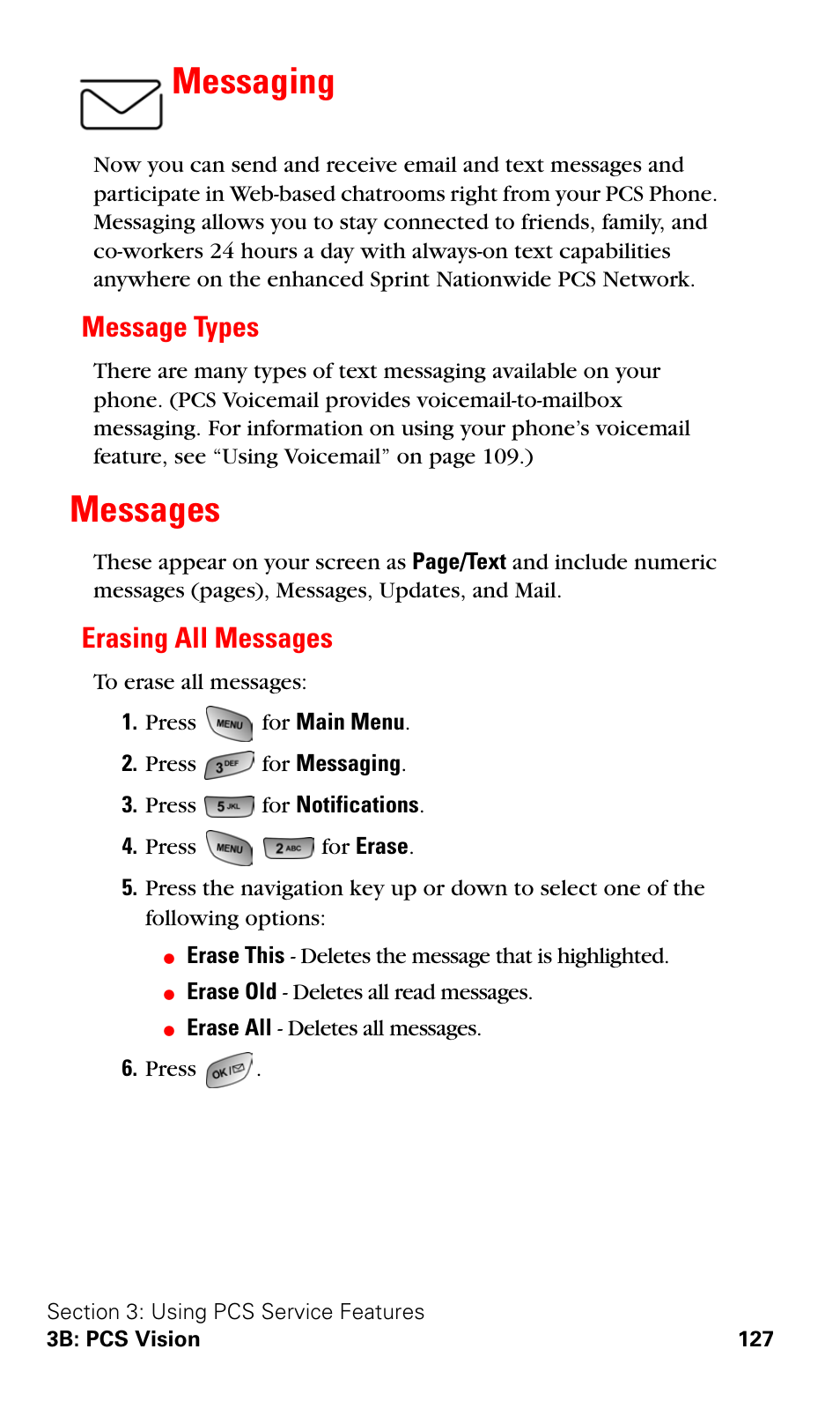 Messaging, Message types, Messages | Erasing all messages | Samsung SPH-A600ZSSXAR User Manual | Page 135 / 178
