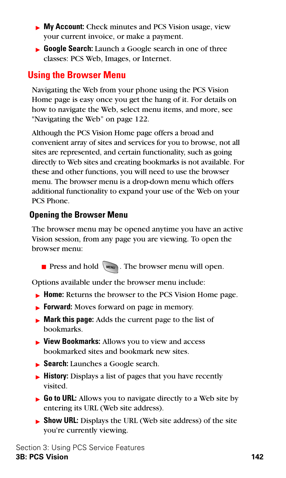 Using the browser menu, Opening the browser menu, Search: launches a google search | Samsung SPH-A600ZSSXAR User Manual | Page 150 / 178
