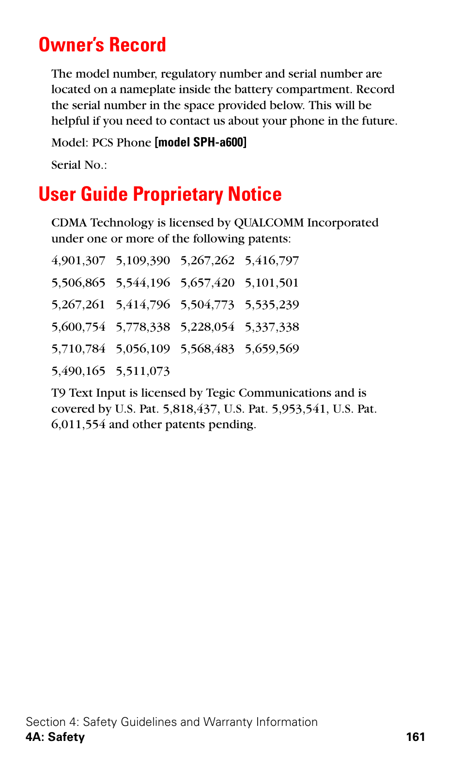 Owner’s record, User guide proprietary notice, Owner’s record user guide proprietary notice | Samsung SPH-A600ZSSXAR User Manual | Page 169 / 178