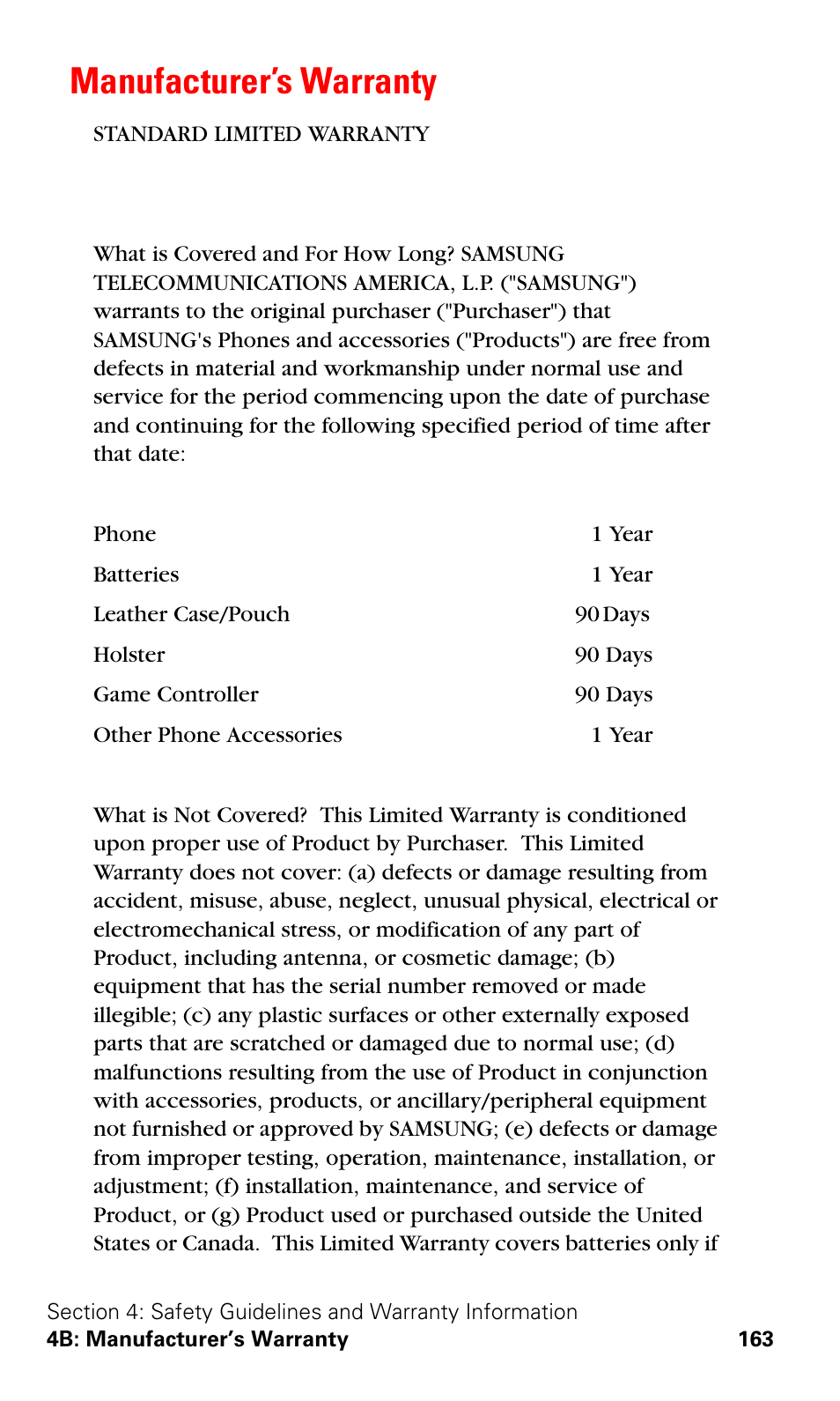 Manufacturer’s warranty | Samsung SPH-A600ZSSXAR User Manual | Page 171 / 178