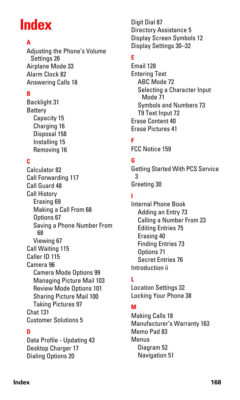 Index | Samsung SPH-A600ZSSXAR User Manual | Page 176 / 178