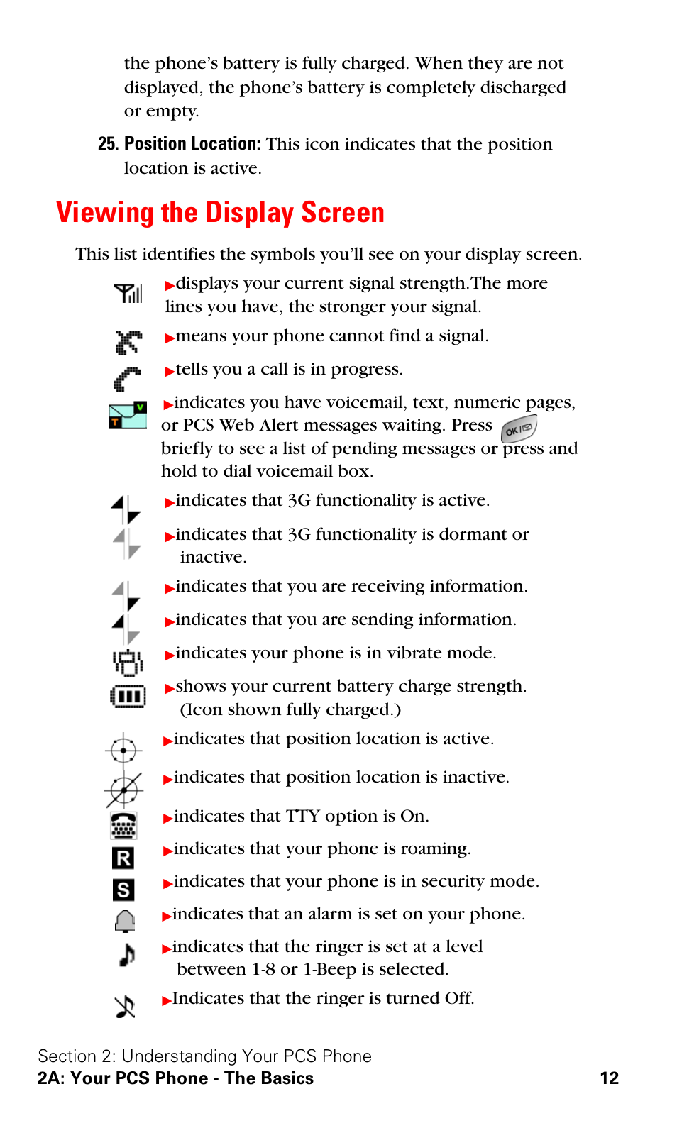 Viewing the display screen, Means your phone cannot find a signal, Tells you a call is in progress | Indicates that 3g functionality is active, Indicates that you are receiving information, Indicates that you are sending information, Indicates your phone is in vibrate mode, Indicates that position location is active, Indicates that position location is inactive, Indicates that tty option is on | Samsung SPH-A600ZSSXAR User Manual | Page 20 / 178