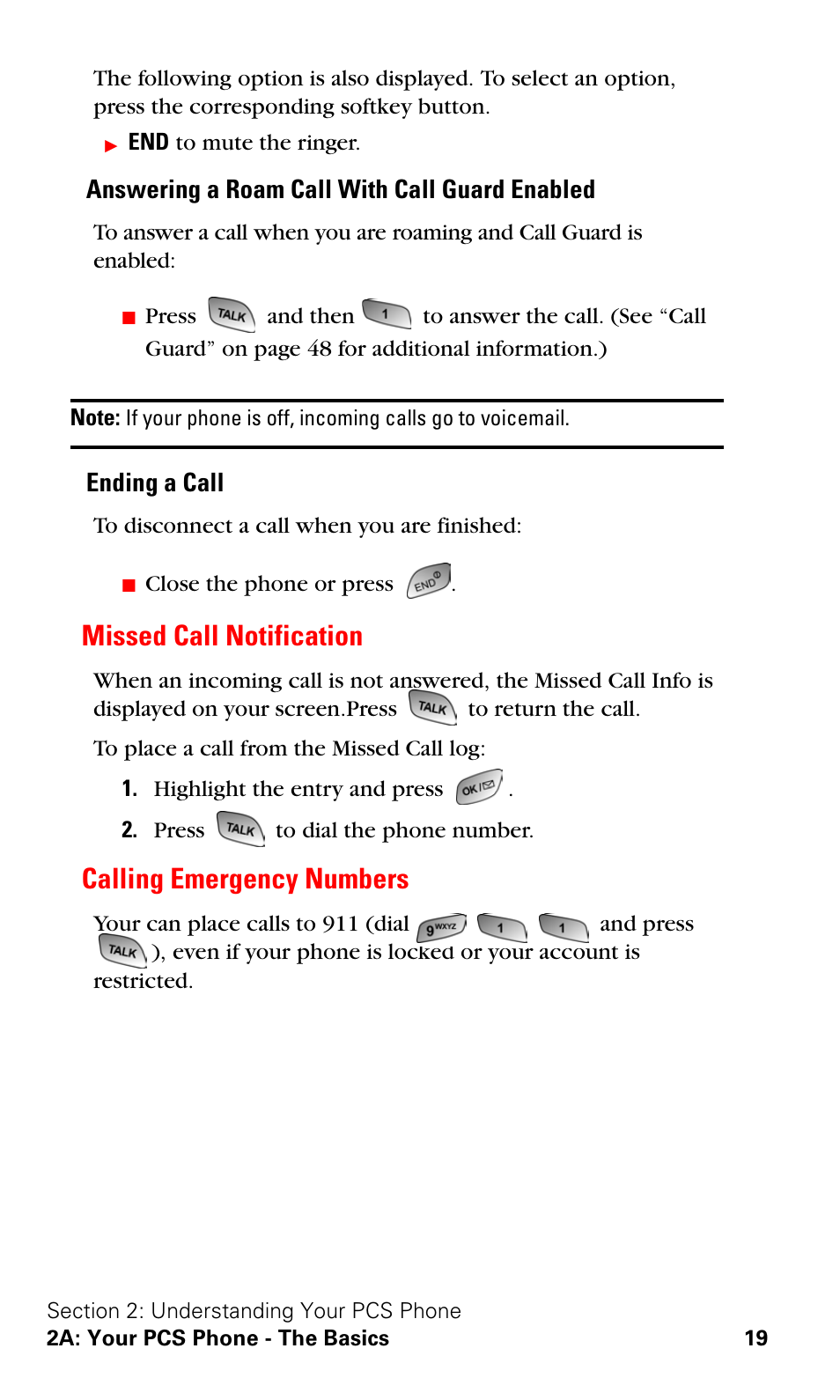 Missed call notification, Calling emergency numbers, Missed call notification calling emergency numbers | Answering a roam call with call guard enabled, Ending a call | Samsung SPH-A600ZSSXAR User Manual | Page 27 / 178