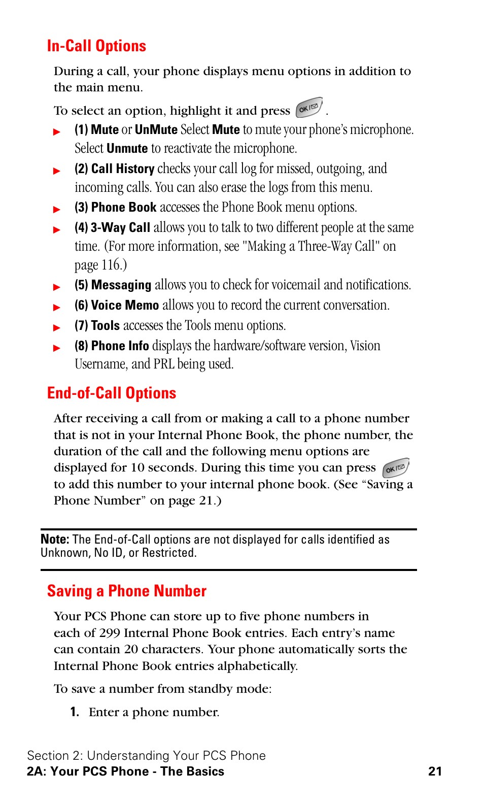 In-call options, End-of-call options, Saving a phone number | Select, Accesses the phone book menu options, Allows you to record the current conversation, Accesses the tools menu options | Samsung SPH-A600ZSSXAR User Manual | Page 29 / 178