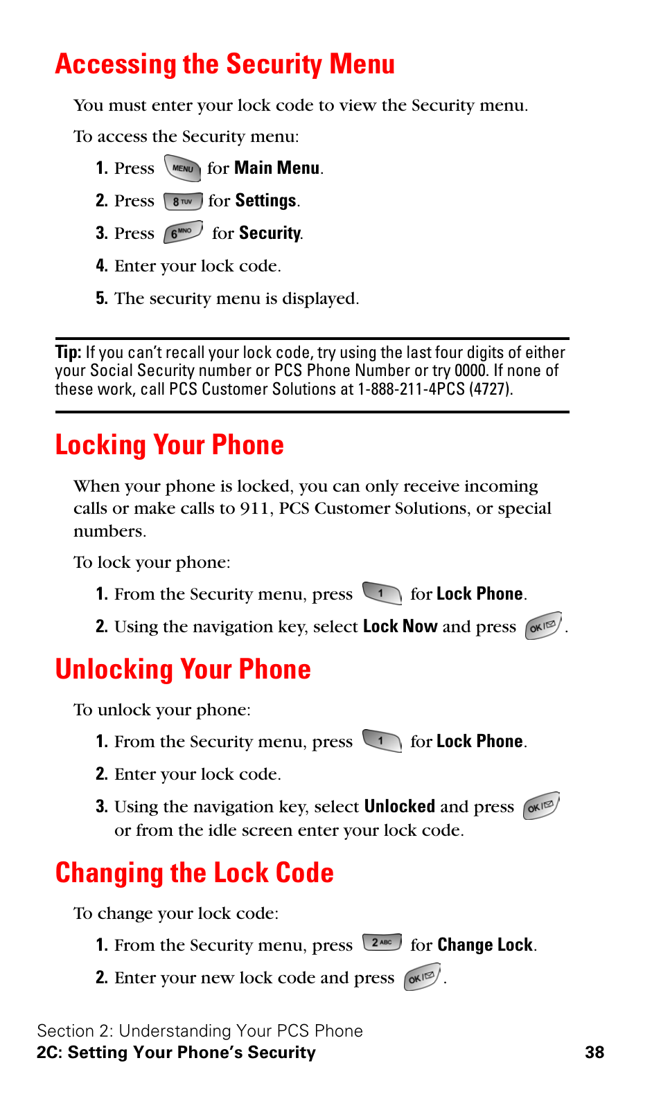 Accessing the security menu, Locking your phone, Unlocking your phone | Changing the lock code | Samsung SPH-A600ZSSXAR User Manual | Page 46 / 178