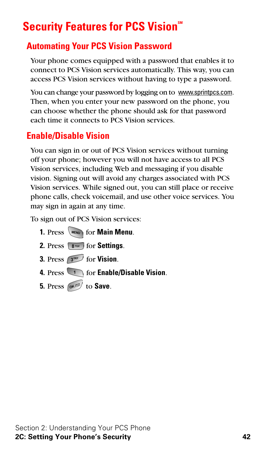 Security features for pcs visionsm, Automating your pcs vision password, Enable/disable vision | Security features for pcs vision | Samsung SPH-A600ZSSXAR User Manual | Page 50 / 178